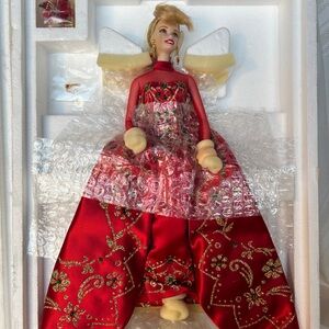 Authentic Vintage 1998 Barbie Holiday Porcelain Doll in Red and Gold